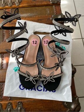 Fabulous Natalia Black Embellished Butterfly Wrap Heel dress shoes for Girls 12